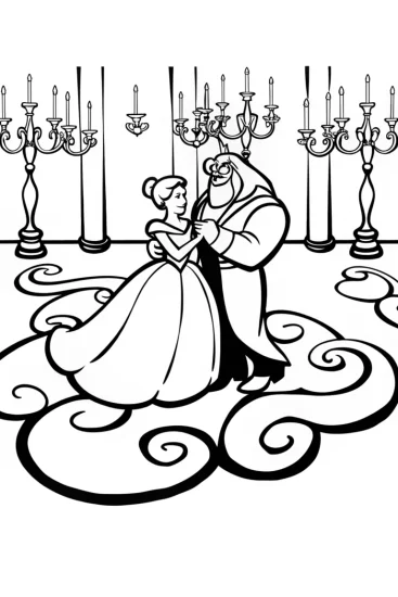 A coloring page of Enchanted Dance of Belle and the Beast in the Castle