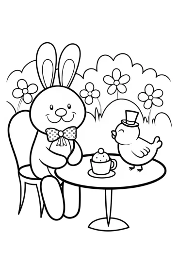 A coloring page of Easter Garden Tea Party with Bunny and Chick