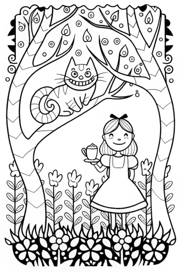 A coloring page of Magical Tea Party with Alice and the Cheshire Cat
