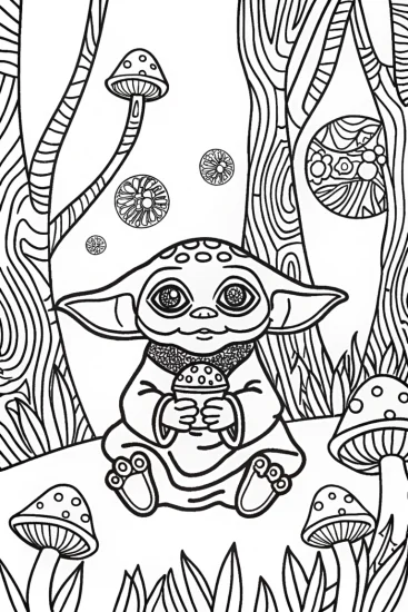 A coloring page of Yoda’s Magical Moments in the Enchanted Forest
