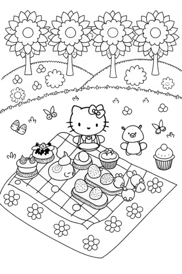 A coloring page of Hello Kitty’s Fun Picnic in the Garden