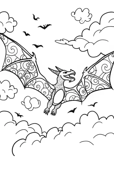 A coloring page of Charizard’s Fiery Flight Through the Clouds