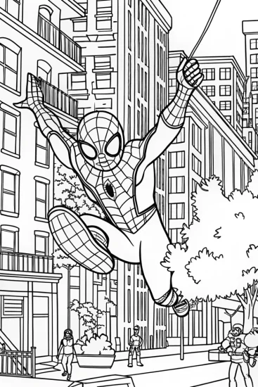 A coloring page of Miles Swinging Through the Cityscape
