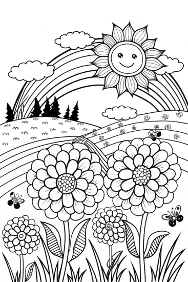 A coloring page of Rainbow Dreams in the Enchanted Garden