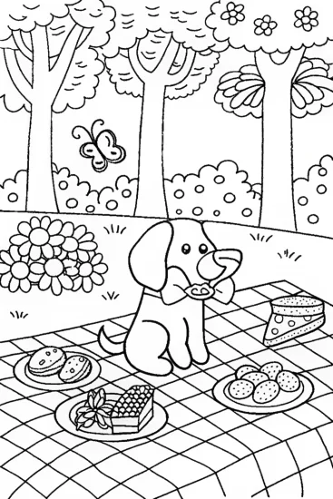 A coloring page of Puppy Picnic Adventure with Treats and Fun!