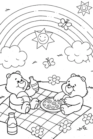 A coloring page of Care Bear Picnic Party Fun with Cheer Bear!