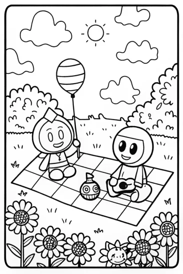A coloring page of Cocomelon Garden Party Fun with JJ and Friends