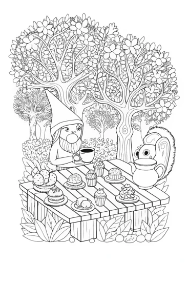 A coloring page of Gnome’s Enchanting Tea Party with Squirrel Companion