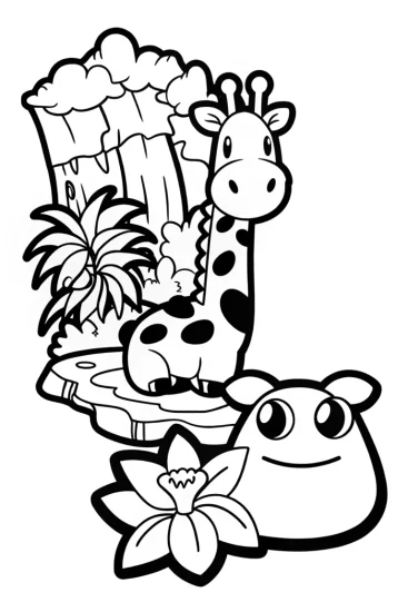 A coloring page of Squishy Jungle Adventure with Giraffe and Friends