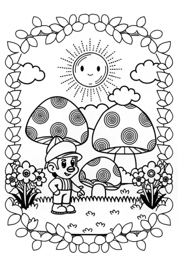 A coloring page of Mario’s Colorful Mushroom Garden Adventure
