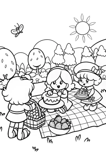 A coloring page of Strawberry Shortcake’s Fun Picnic Adventure