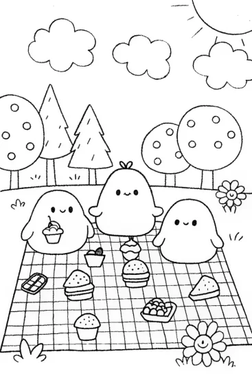 A coloring page of Squishmallow Picnic Party Fun with Friends