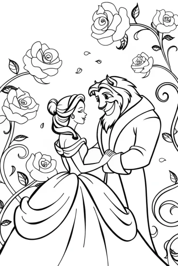 A coloring page of Enchanted Rose Garden with Belle and the Beast