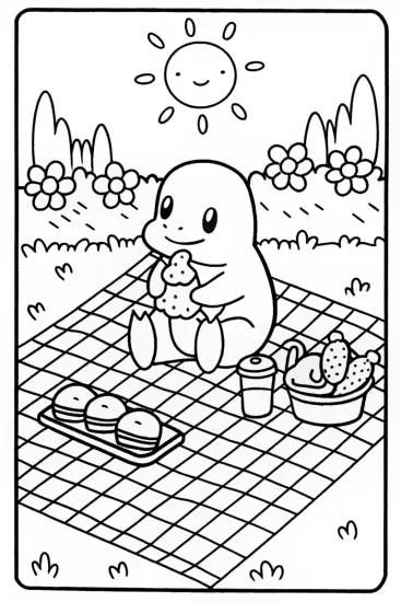 A coloring page of Charmander’s Fun Picnic Day in the Sun