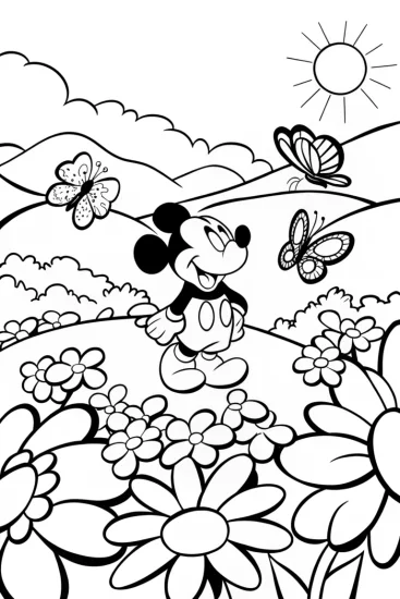 A coloring page of Mickey’s Garden Adventure with Butterflies and Flowers