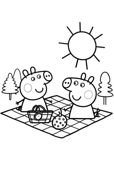 A coloring page of Peppa and Friends Enjoy a Fun Picnic Adventure!