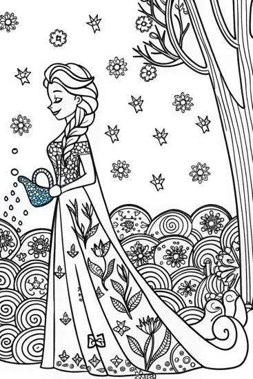 A coloring page of Elsa’s Enchanted Winter Garden Coloring Fun