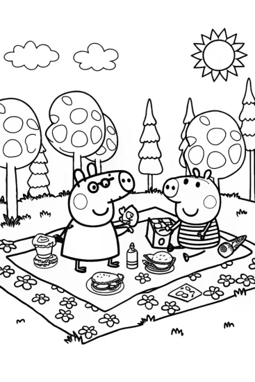 A coloring page of Peppa Pig’s Fun Day at the Picnic!