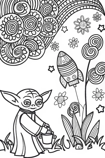 A coloring page of Yoda’s Galactic Garden Adventure