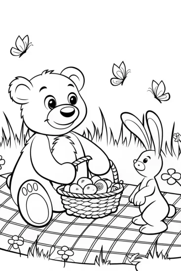 A coloring page of Whimsical Garden Picnic with Benny the Bear and Bunny