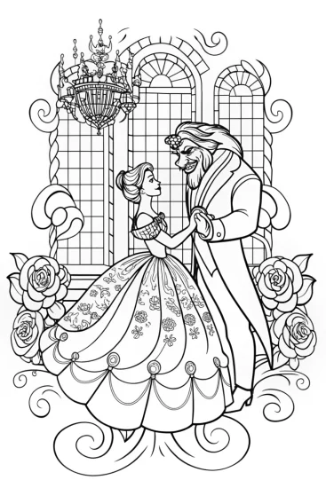 A coloring page of A magical waltz in the castle ballroom