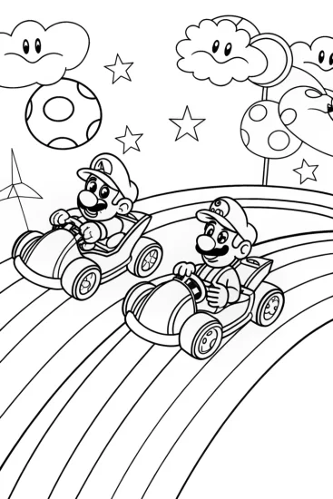 A coloring page of Rainbow Road Adventure with Mario and Luigi