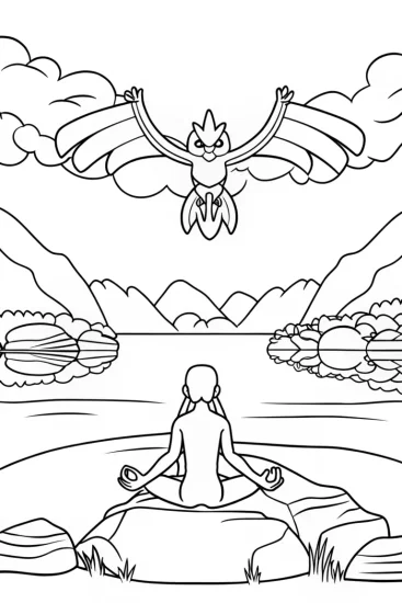 A coloring page of The Harmony of Legends: Meditating with Ho-Oh