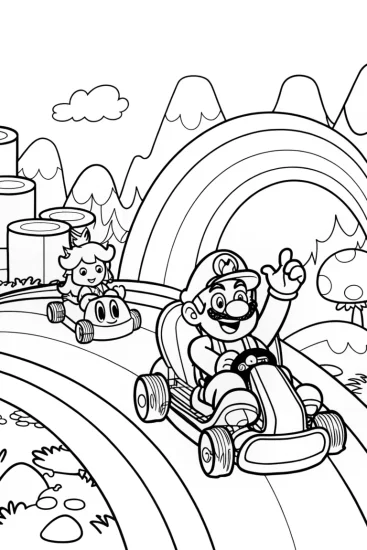 A coloring page of Mario Kart Racing Fun in the Mushroom Kingdom!