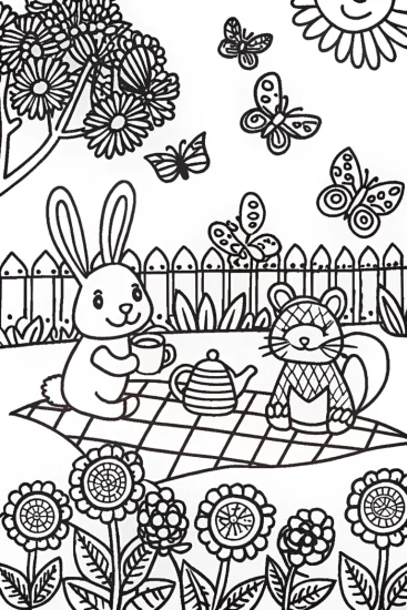 A coloring page of Whimsical Garden Tea Party with Bunny and Squirrel