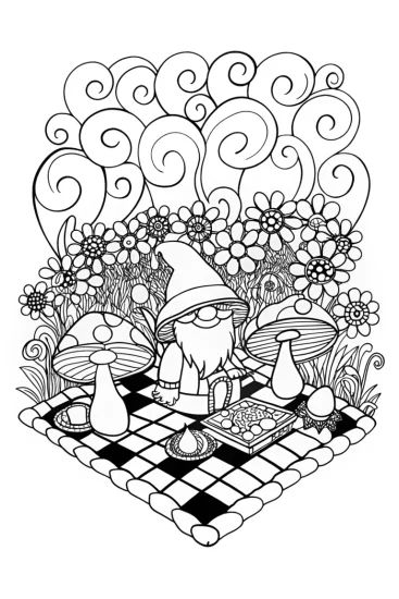 A coloring page of Gnome’s Delightful Picnic in the Flower Garden