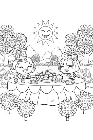 A coloring page of Shopkins Tea Party with Sweet Treats and Sunny Smiles