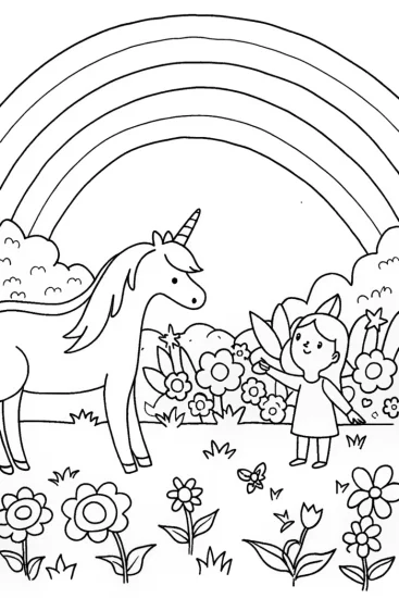 A coloring page of Rainbow Garden Adventure with the Magical Unicorn