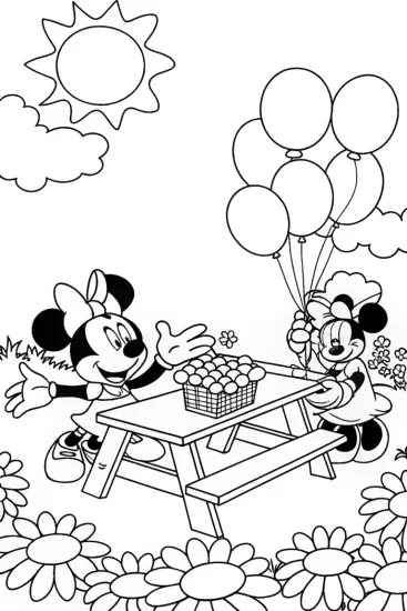 A coloring page of Minnie and Friends’ Fun Garden Party Adventure
