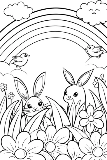 A coloring page of Rainbow Garden Adventure with Bouncy Bunnies
