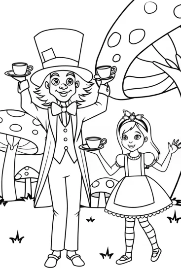A coloring page of The Mad Hatter and Alice’s Tea Party Adventure