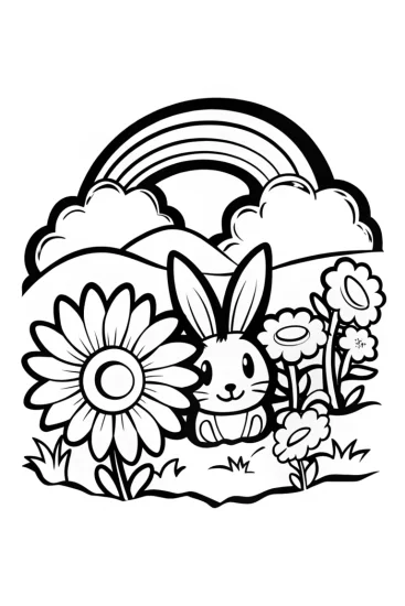 A coloring page of Rainbow Garden Adventure with Bunny Friend