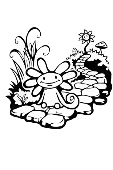 A coloring page of Axolotl’s Magical Garden Journey