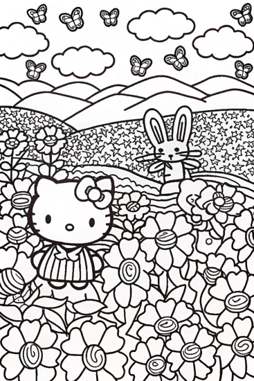 A coloring page of Hello Kitty’s Magical Adventure in the Flower Garden