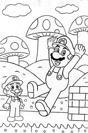 A coloring page of Mario’s Fun Day in the Mushroom Kingdom
