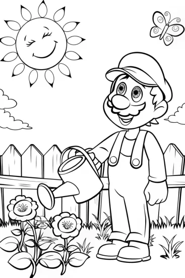 A coloring page of Luigi’s Colorful Gardening Adventure