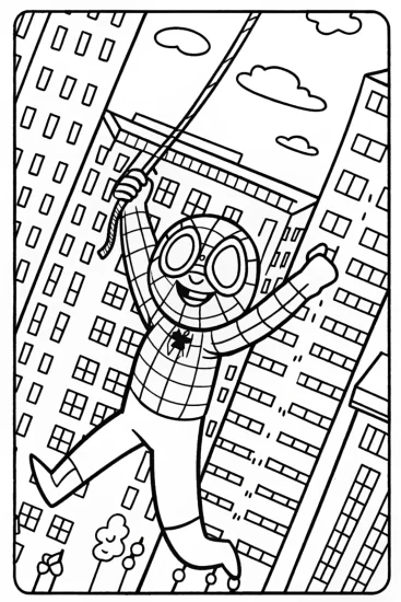 A coloring page of Miles Swinging Through the Cityscape Adventure