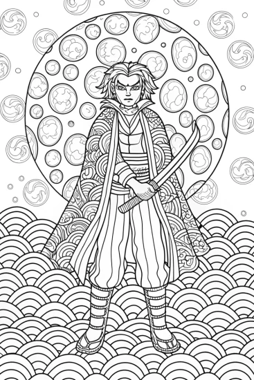 A coloring page of Tanjirō’s Resolve Beneath the Moonlit Sky