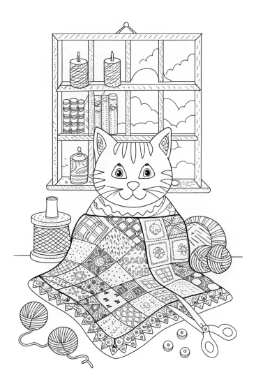 A coloring page of Cozy Cat Crafts: A Quilting Adventure with Whiskers