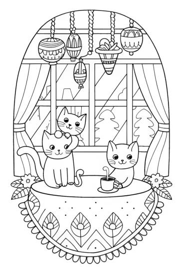 A coloring page of Whimsical Cat Café: Cozy Moments with Feline Friends