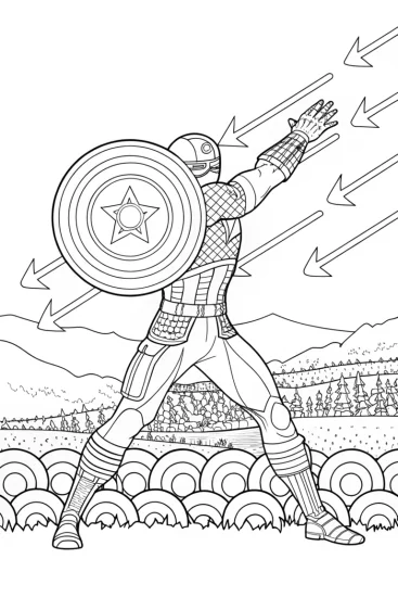 A coloring page of Captain America’s Shield Defense Against Arrows