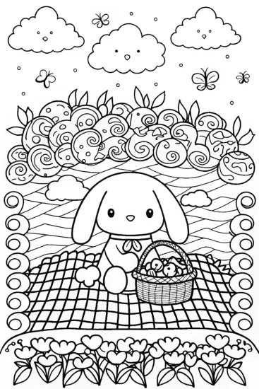 A coloring page of Cinnamoroll’s Dreamy Picnic Adventure