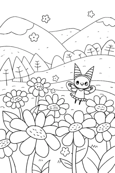 A coloring page of Kuromi’s Magical Day in the Flower Field