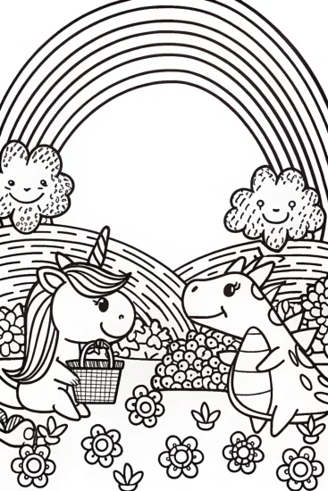 A coloring page of The Rainbow Picnic Party with Unicorn and Dragon Friends