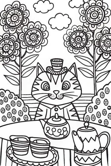 A coloring page of Whimsical cat’s tea party in the garden