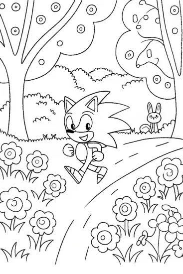 A coloring page of Sonic’s Speedy Adventure in the Colorful Garden